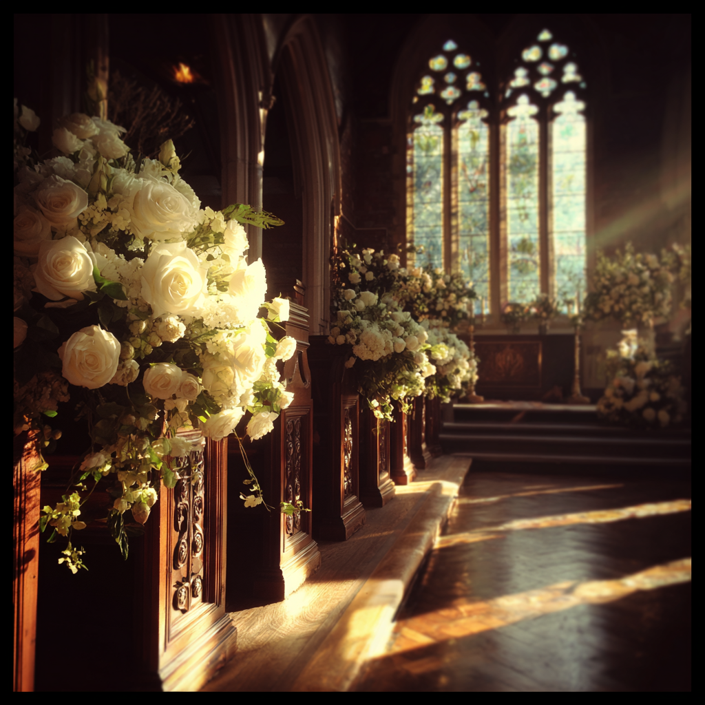 Des roses blanches sur les bancs d'église | Source : Midjourney