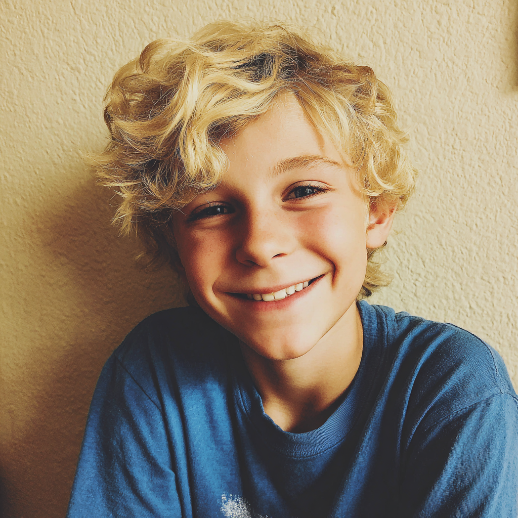 Un petit garçon souriant portant un t-shirt bleu | Source : Midjourney