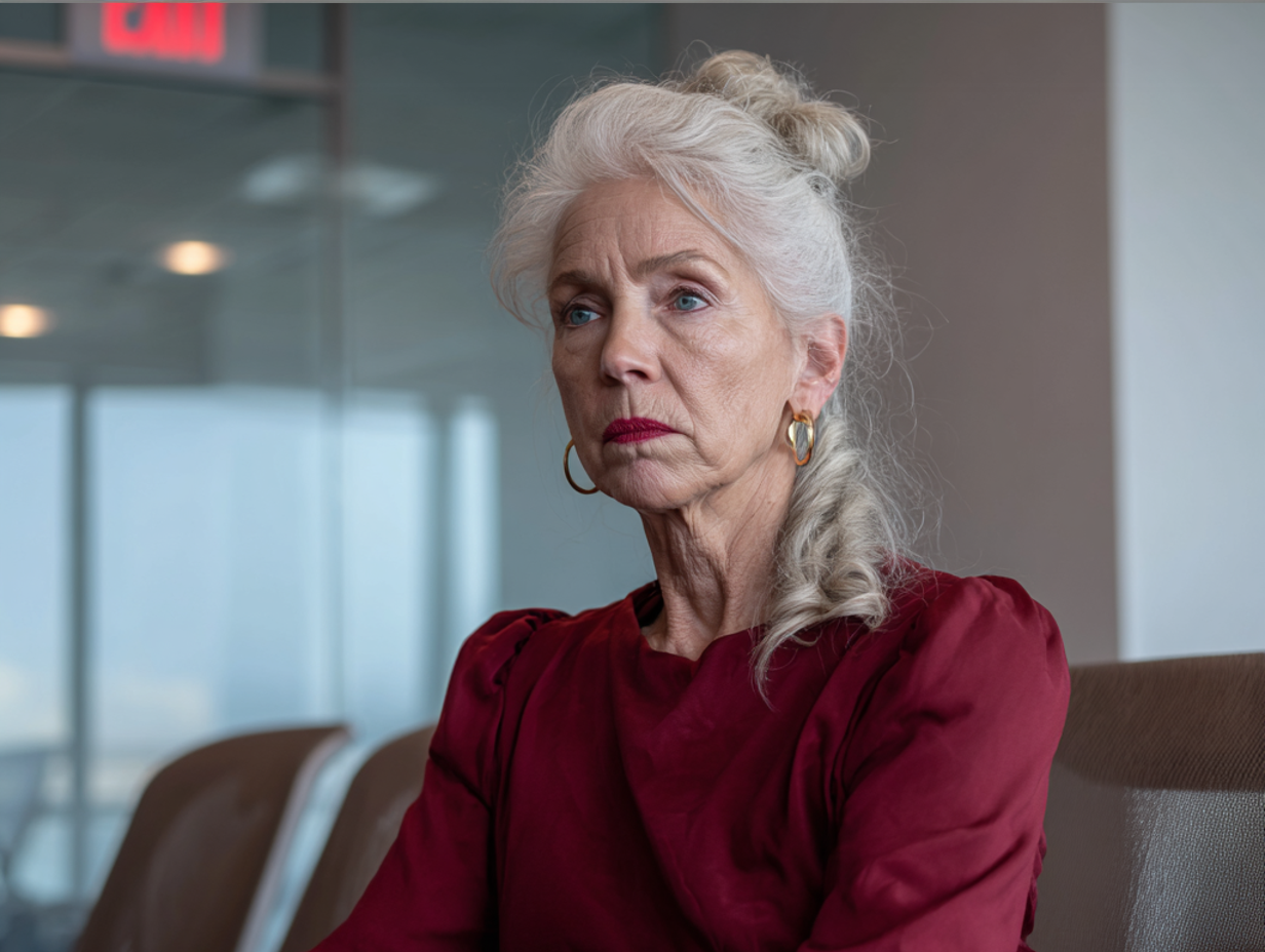 Une femme âgée pensive assise dans une salle de conférence | Source : Midjourney