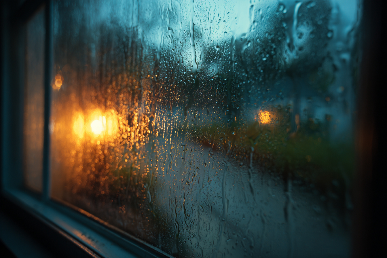 Gouttes de pluie sur une fenêtre | Source : Midjourney