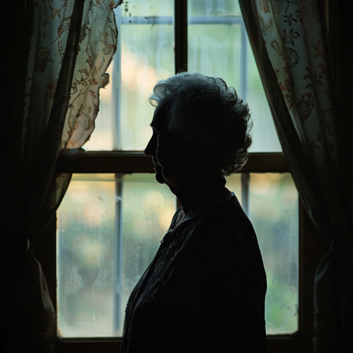 Silhouette d'une femme âgée debout près d'une fenêtre | Source : Midjourney