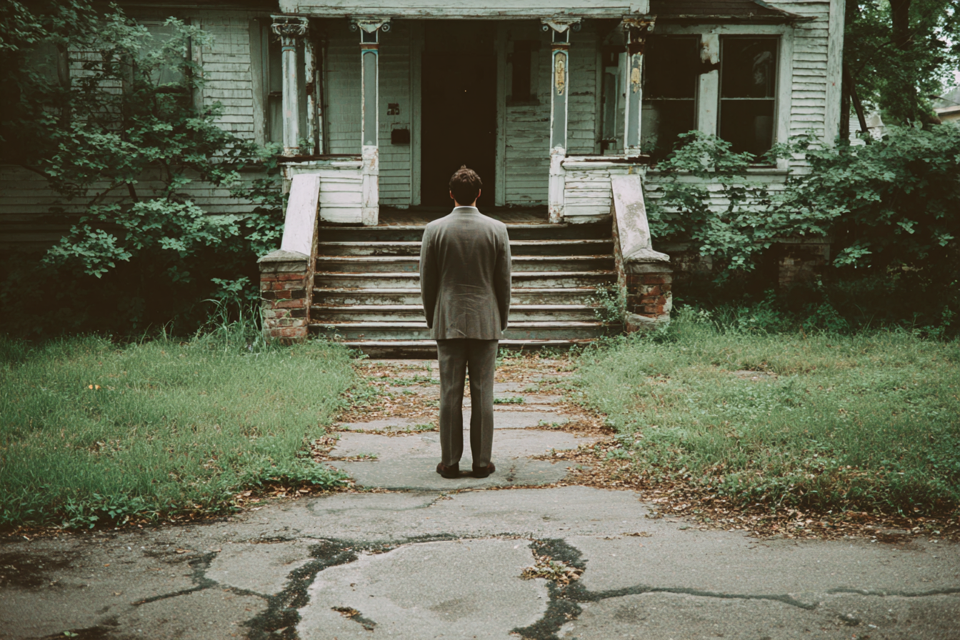 Un homme debout devant une maison modeste | Source : Midjourney