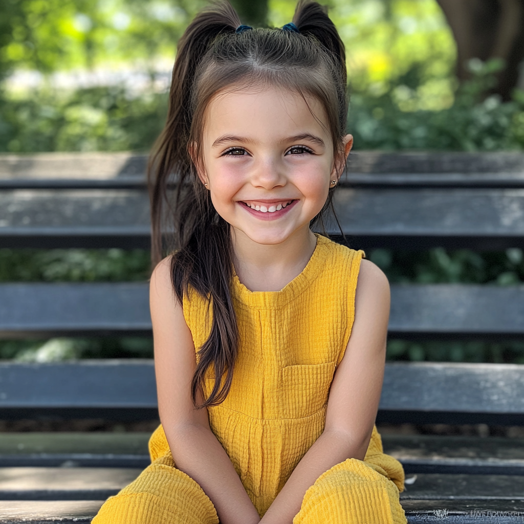 Une jolie petite fille assise sur un banc dans un parc | Source : Midjourney