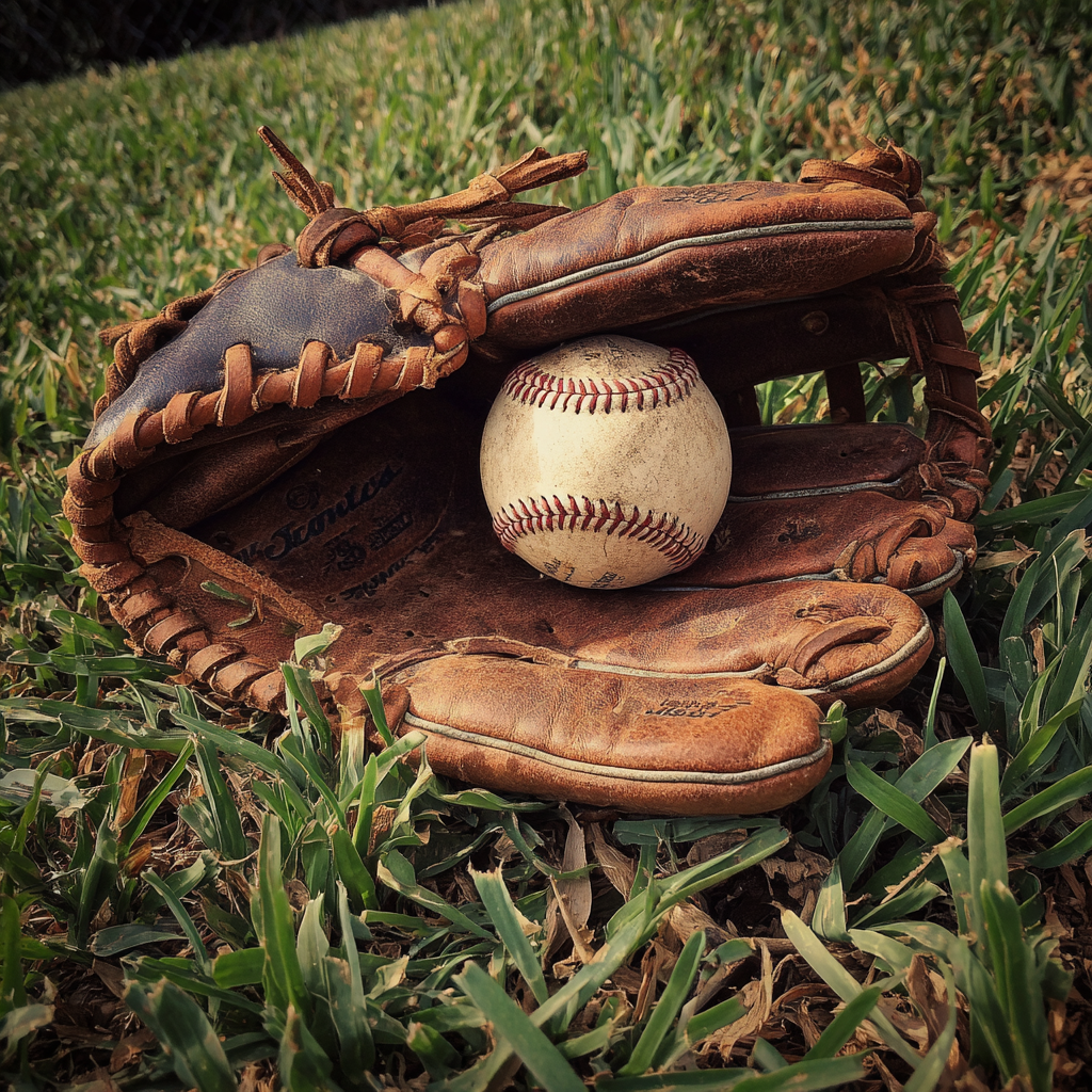 Un gant de baseball sur de l'herbe | Source : Midjourney
