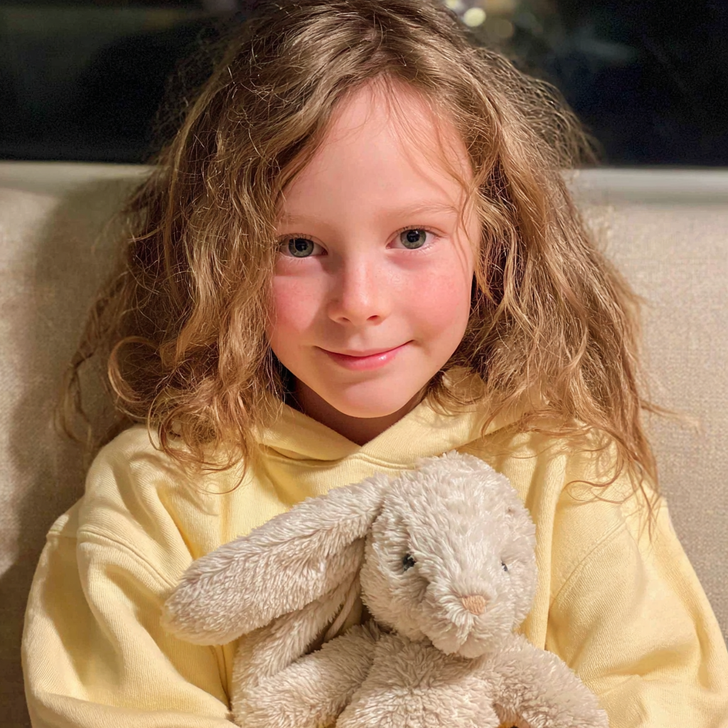 Une petite fille souriante tenant un lapin en peluche | Source : Midjourney