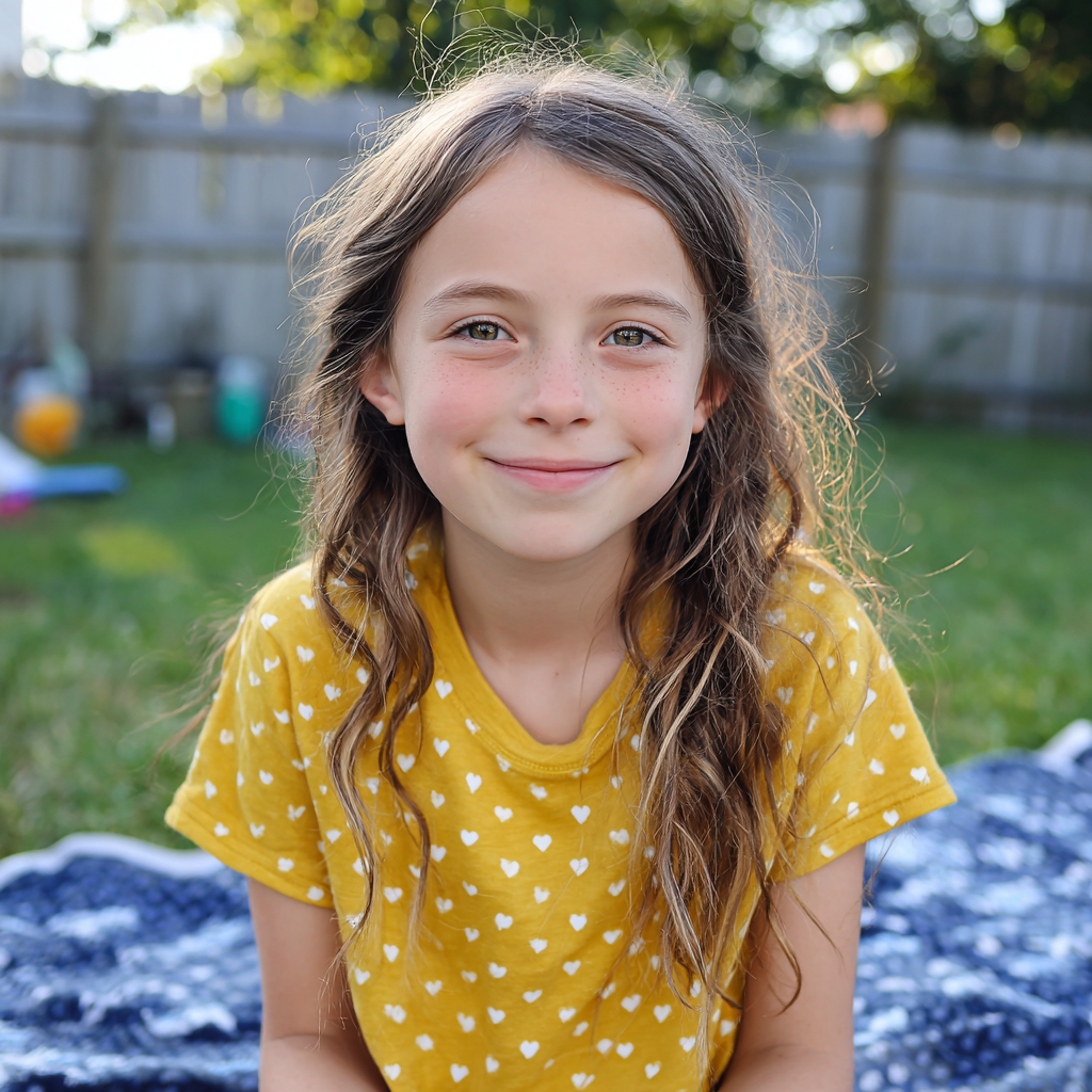 Une petite fille souriante assise sur une couverture | Source : Midjourney