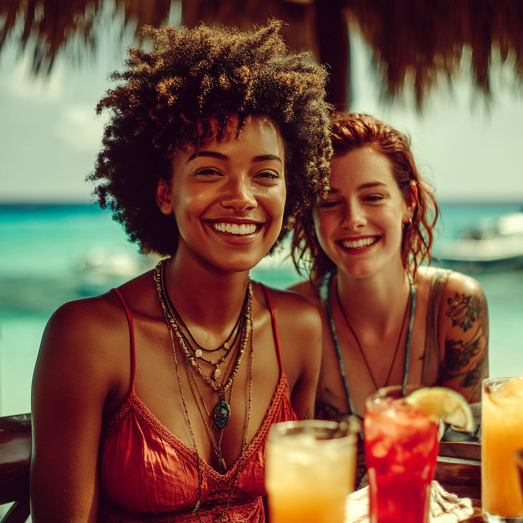 Deux femmes profitant d'une station balnéaire au bord de l'océan | Source : Midjourney