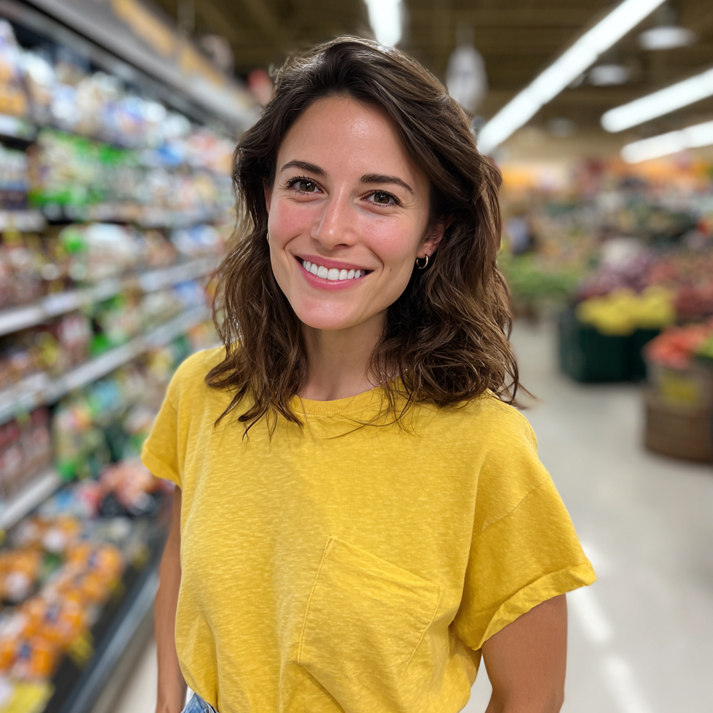 Une femme souriante debout dans une épicerie | Source : Midjourney