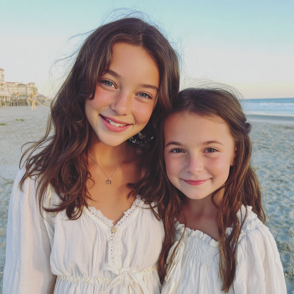 Deux petites filles vêtues de robes blanches sur une plage | Source : Midjourney