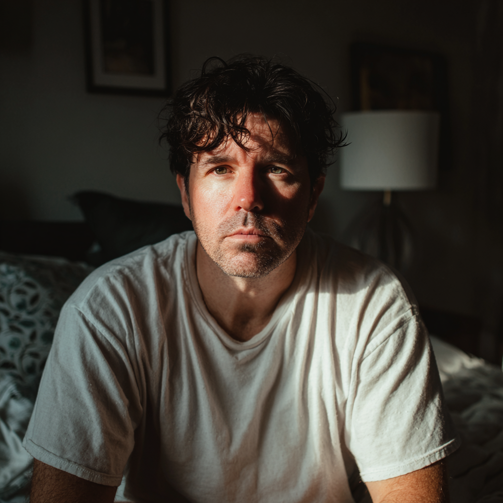 Un homme inquiet assis sur un lit | Source : Midjourney