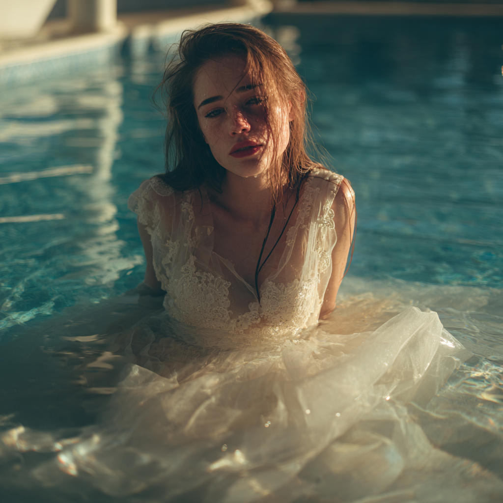 Une mariée bouleversée dans une piscine | Source : Midjourney