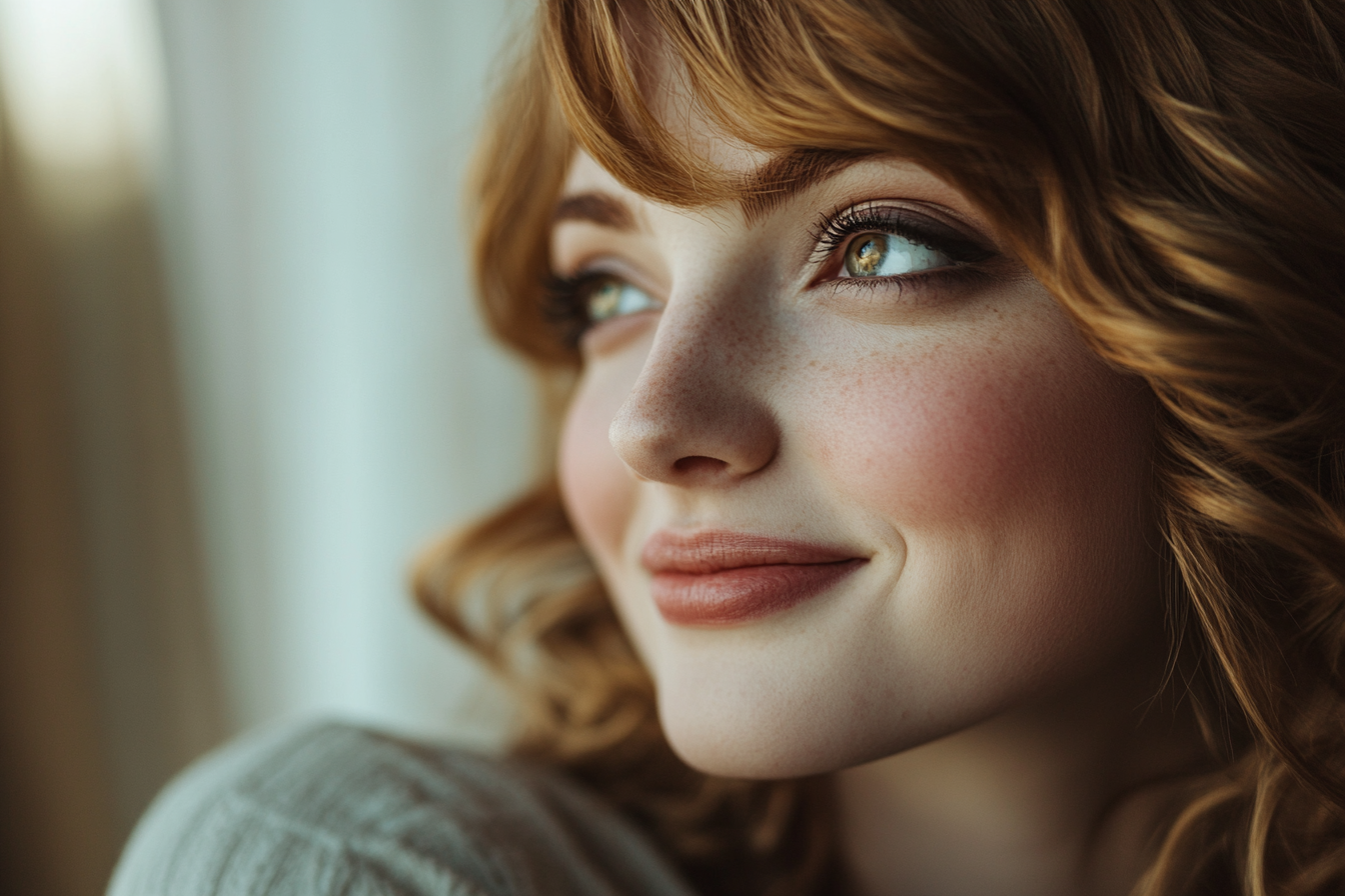 Une femme qui sourit tout en regardant sur le côté | Source : Midjourney