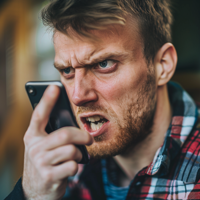 Un homme en colère qui crie en tenant son téléphone portable | Source : Midjourney