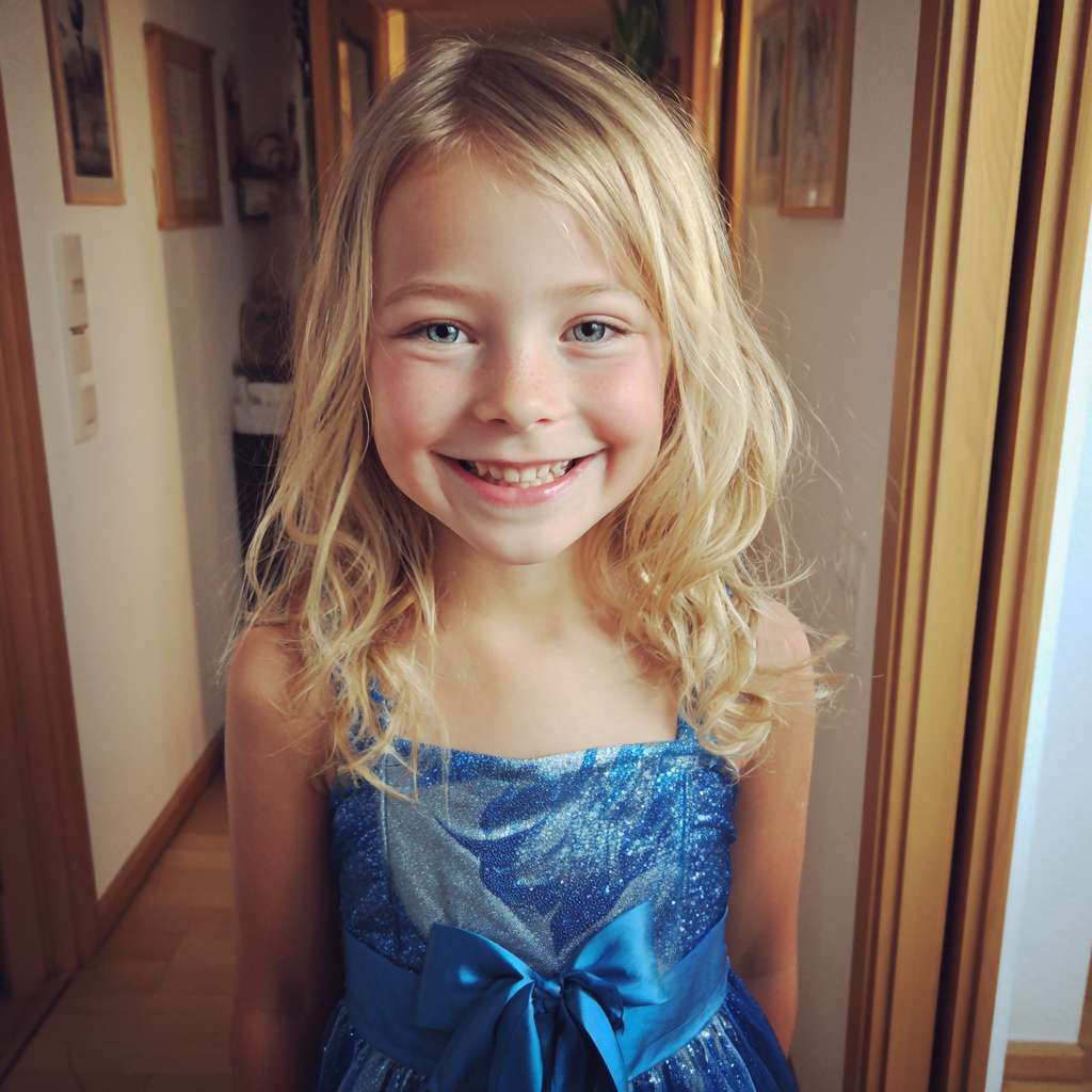 Une petite fille heureuse dans une robe bleue | Source : Midjourney