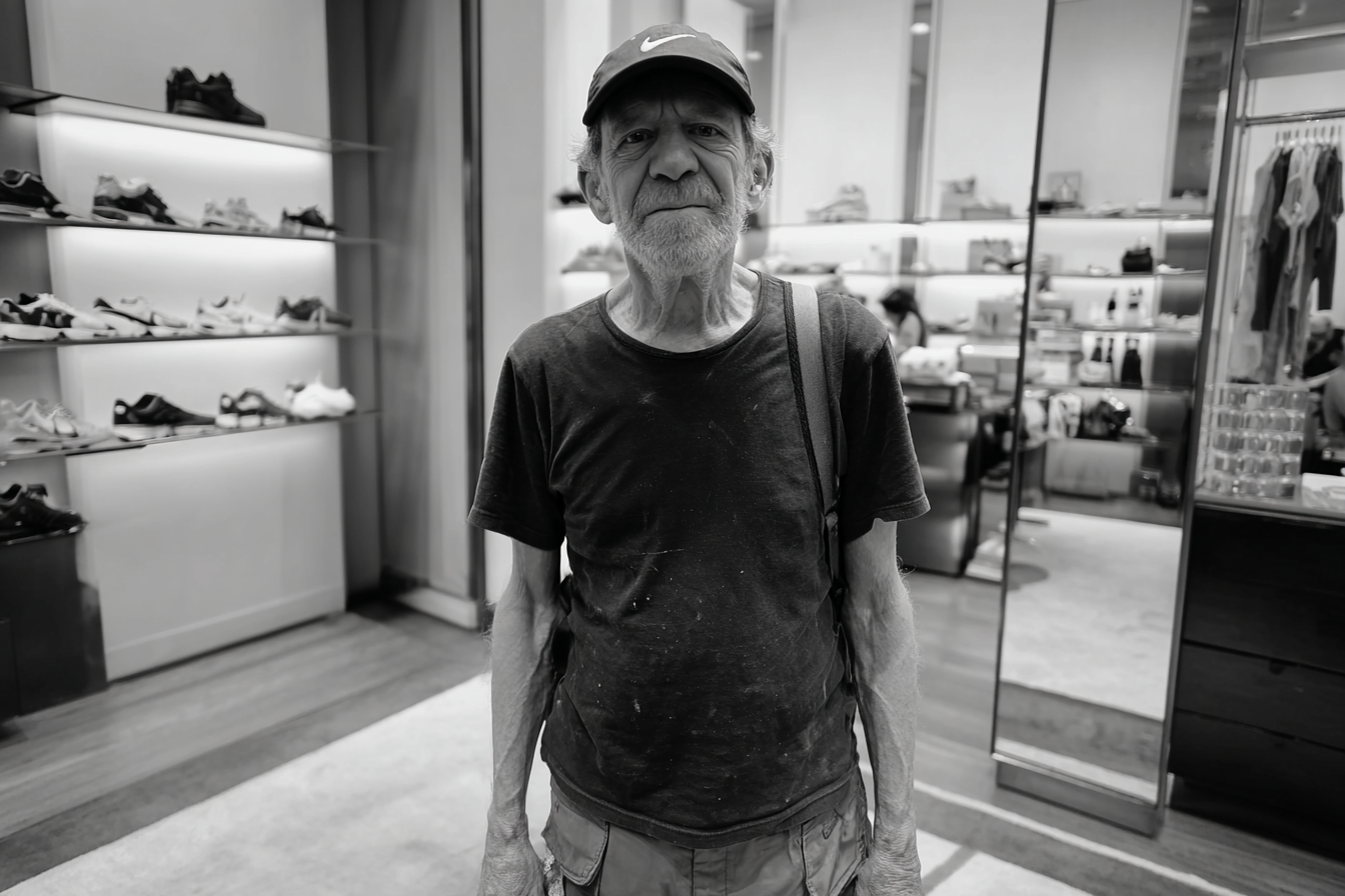 Un homme âgé debout dans un magasin de chaussures | Source : Midjourney