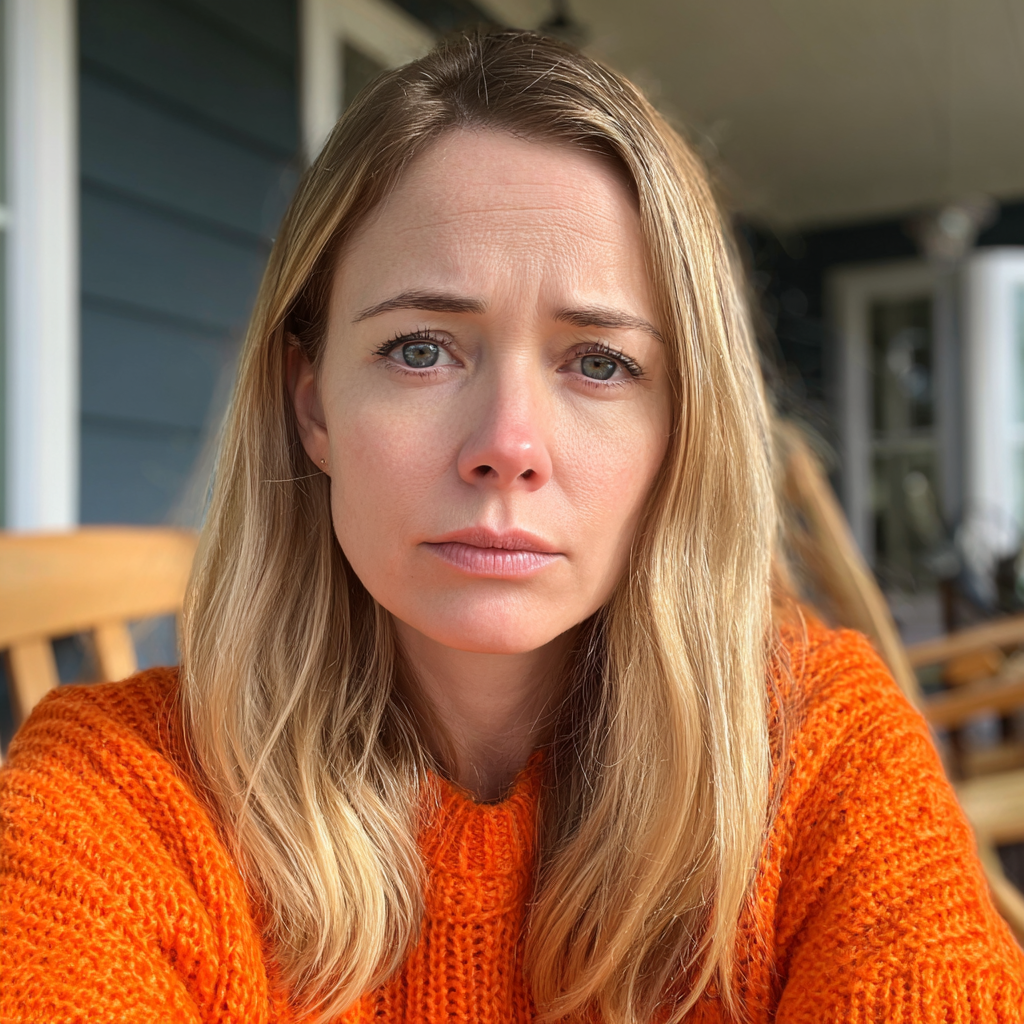 Une femme assise sous un porche et portant un pull-over orange | Source : Midjourney