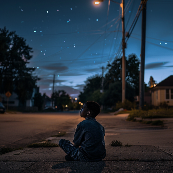 Un garçon sans abri regarde le ciel étoilé la nuit | Source : Midjourney