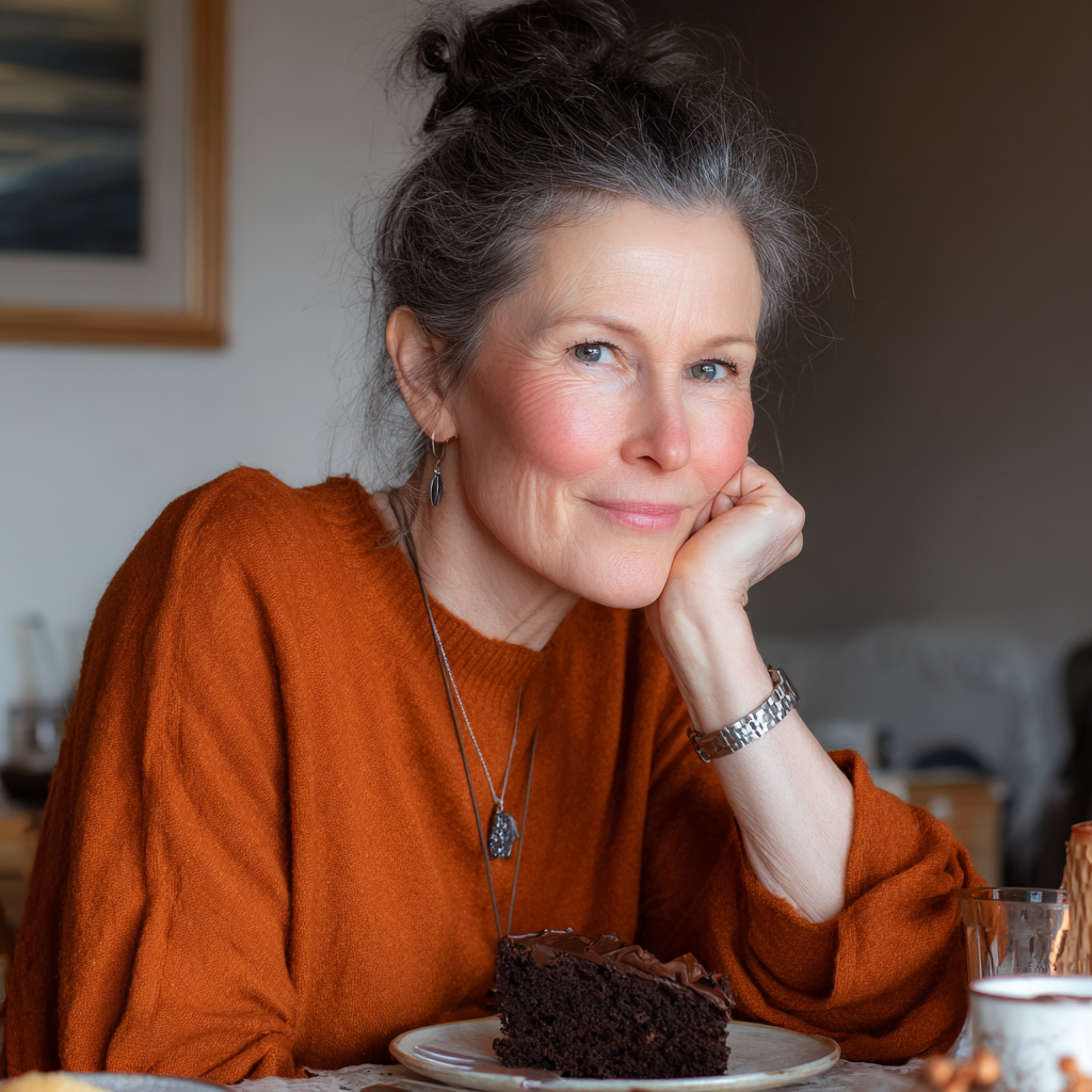 Une femme âgée assise à une table avec une part de gâteau | Source : Midjourney