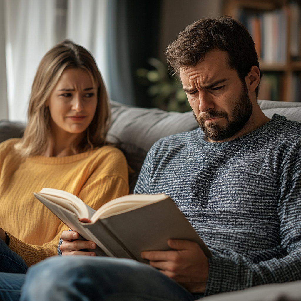 Homme absorbé dans la lecture d'un livre sous le regard légèrement agacé d'une femme assise à côté de lui | Source : Midjourney