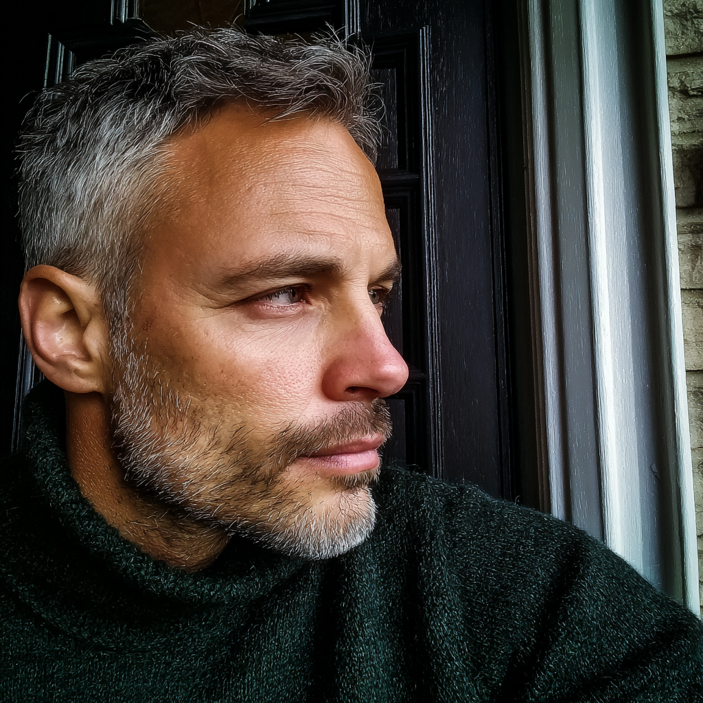 Un homme debout devant sa porte d'entrée portant un pull-over vert | Source : Midjourney