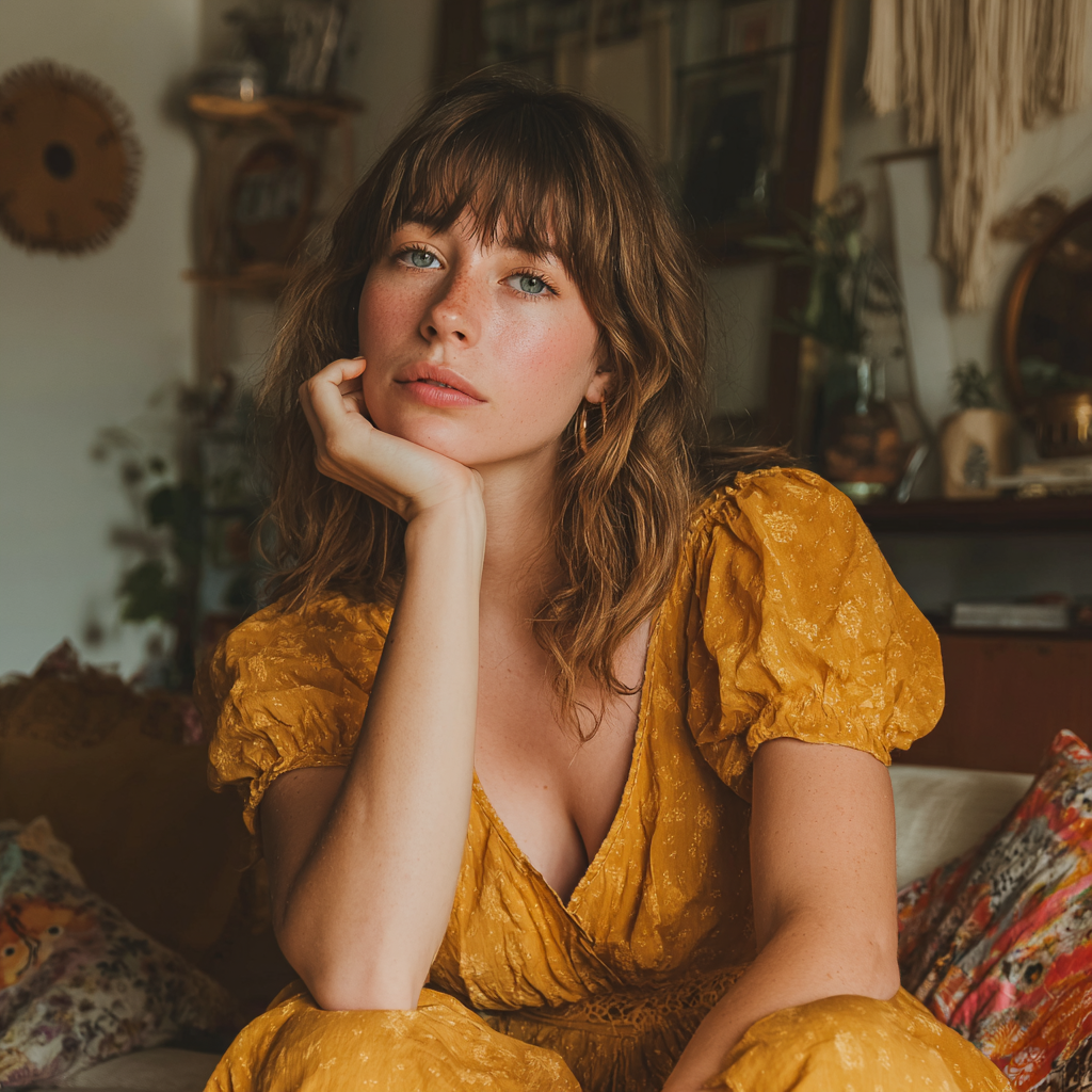 Une femme pensive assise sur un canapé | Source : Midjourney