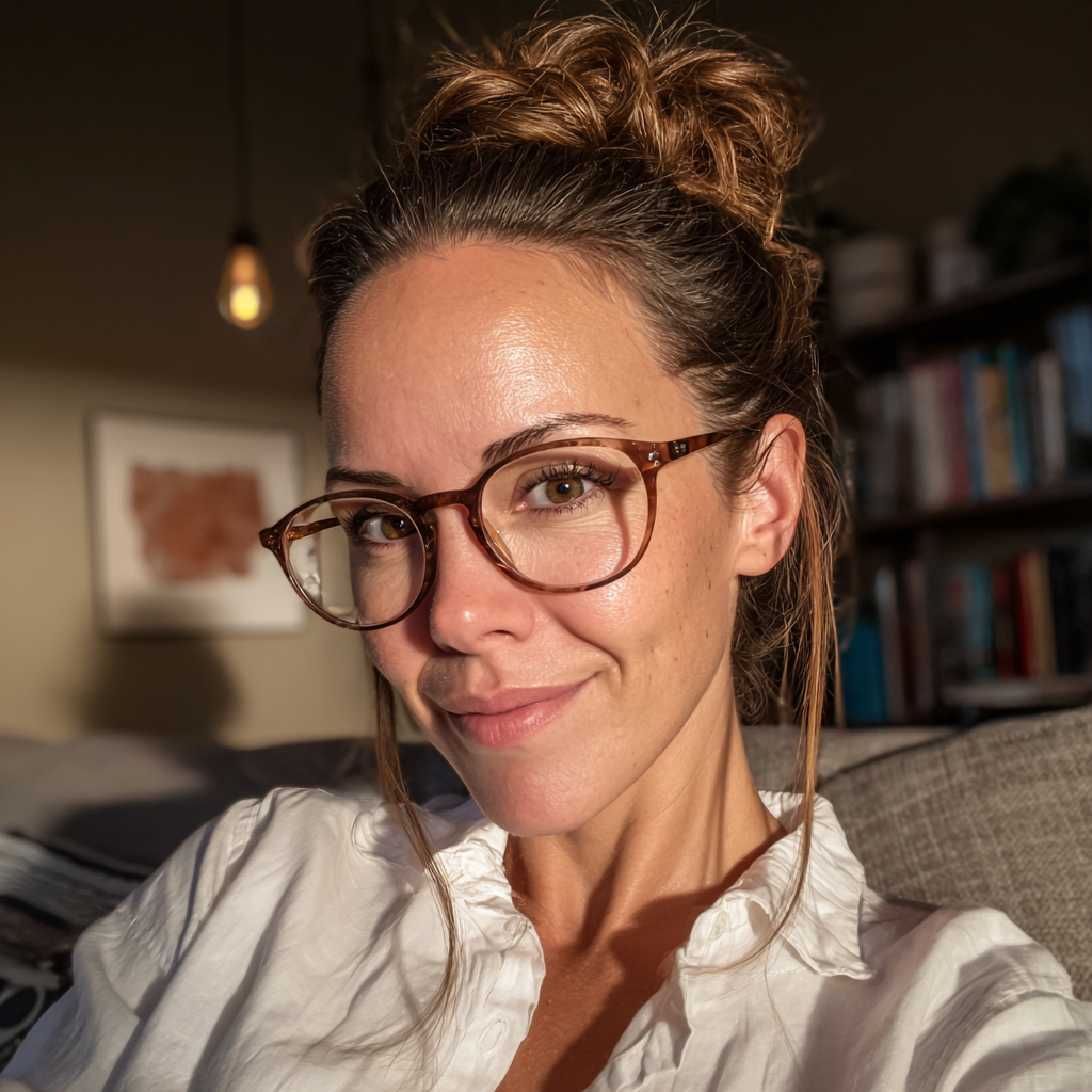 Une femme souriante assise sur un canapé | Source : Midjourney