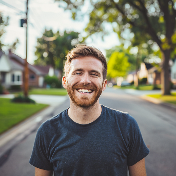 Un homme souriant alors qu'il se trouve dans un quartier tranquille | Source : Midjourney
