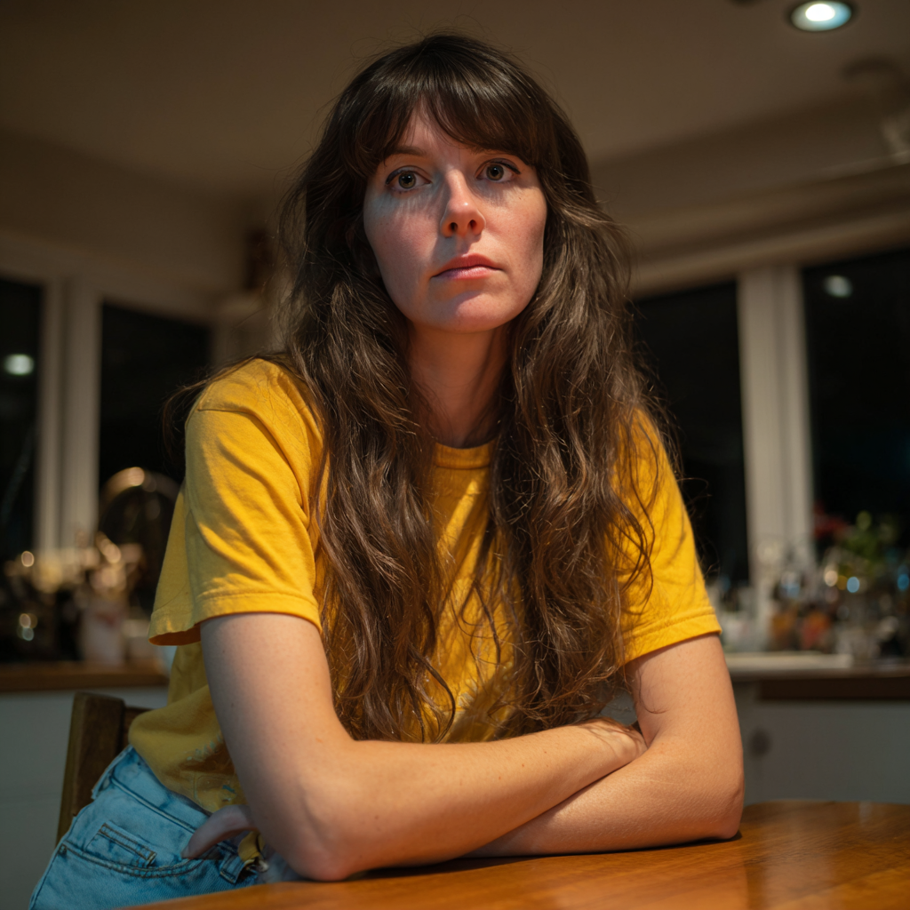 Une femme pensive assise à une table | Source : Midjourney