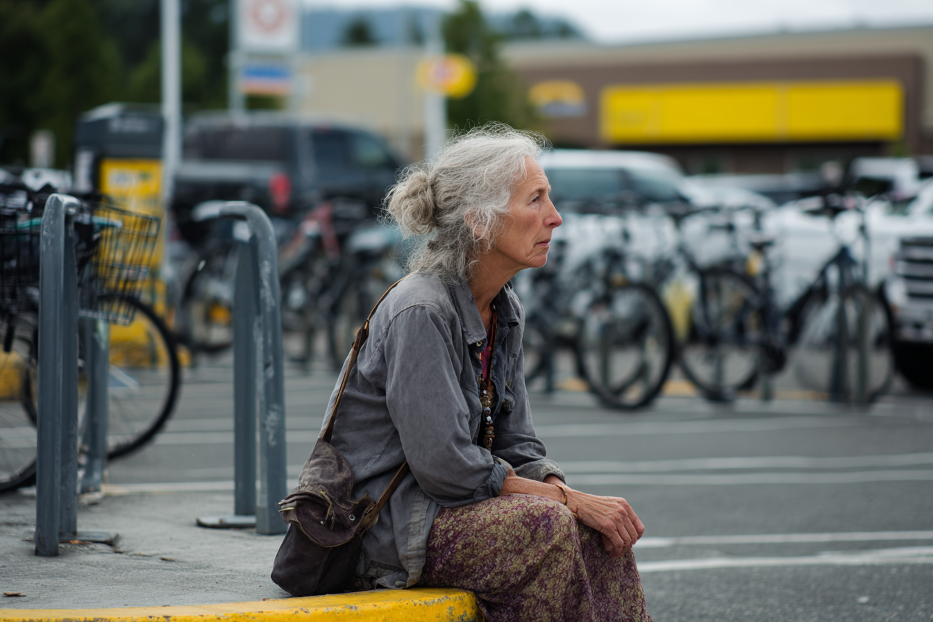 Une femme âgée assise sur un trottoir | Source : Midjourney