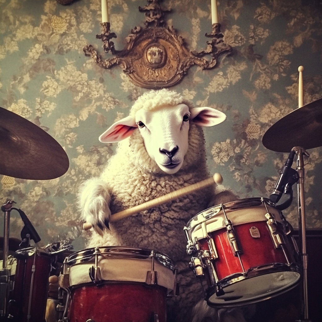 Un mouton qui joue de la batterie | Source : Midjourney