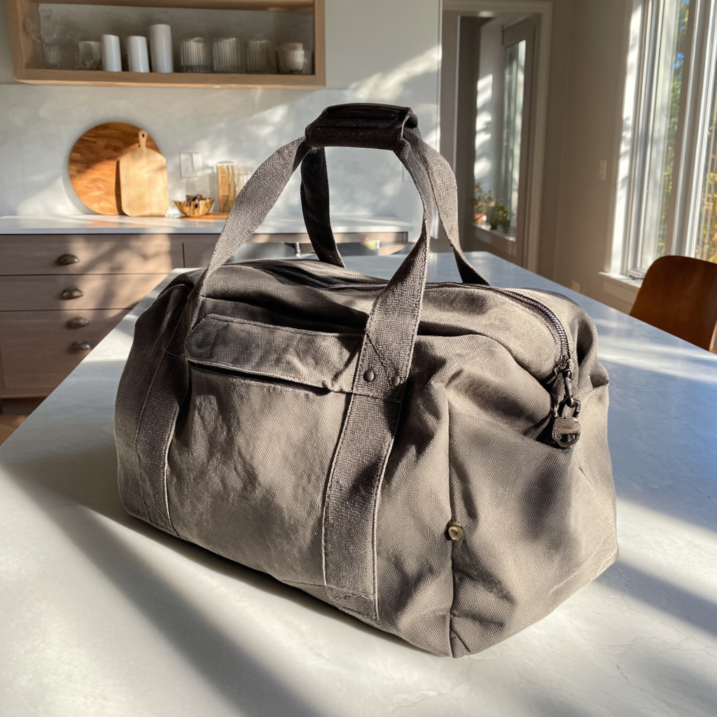 Un sac de sport gris posé sur une table | Source : Midjourney