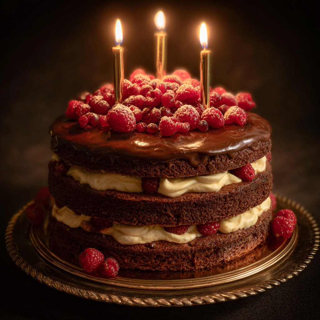 Gros plan sur un gâteau d'anniversaire au chocolat et à la framboise | Source : Midjourney