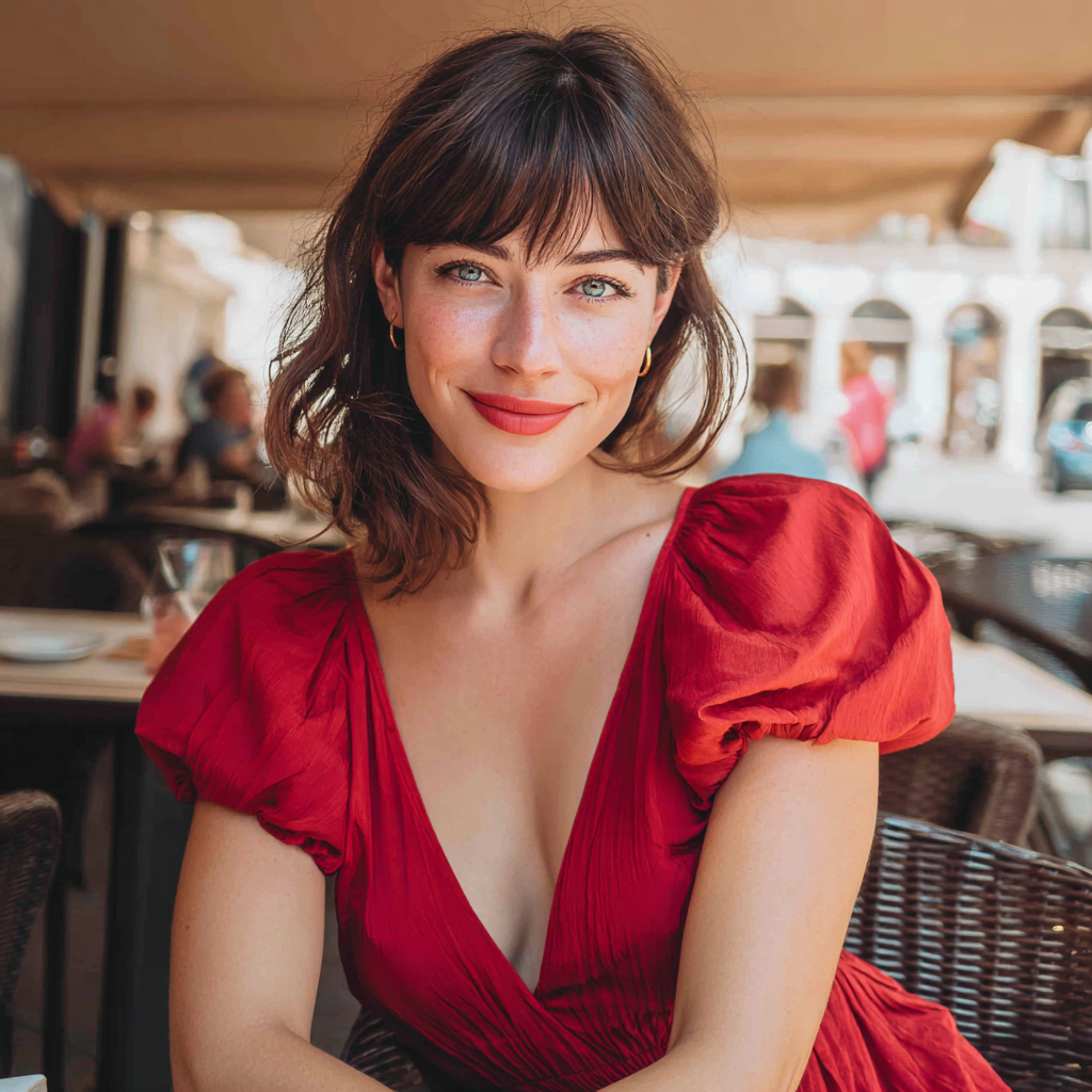Une femme souriante assise dans un café | Source : Midjourney