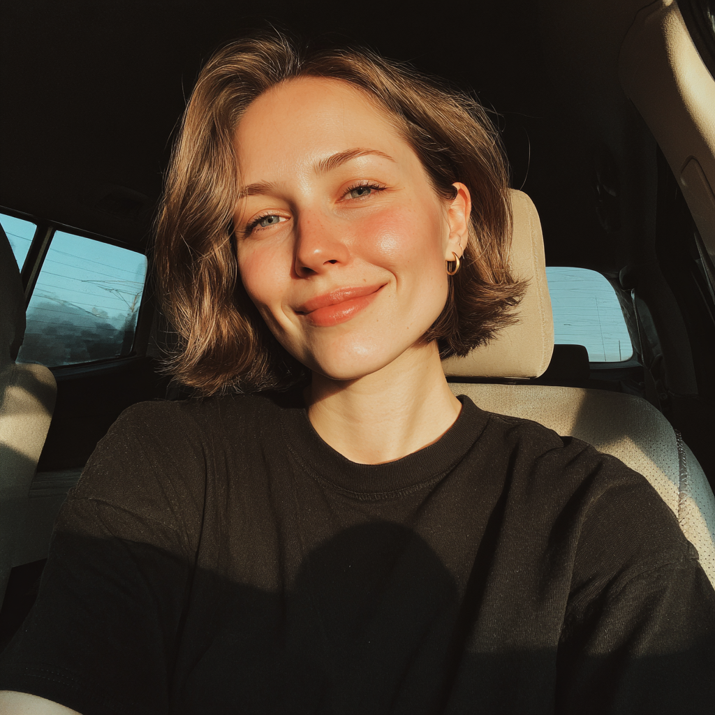 Une femme souriante assise dans une voiture | Source : Midjourney