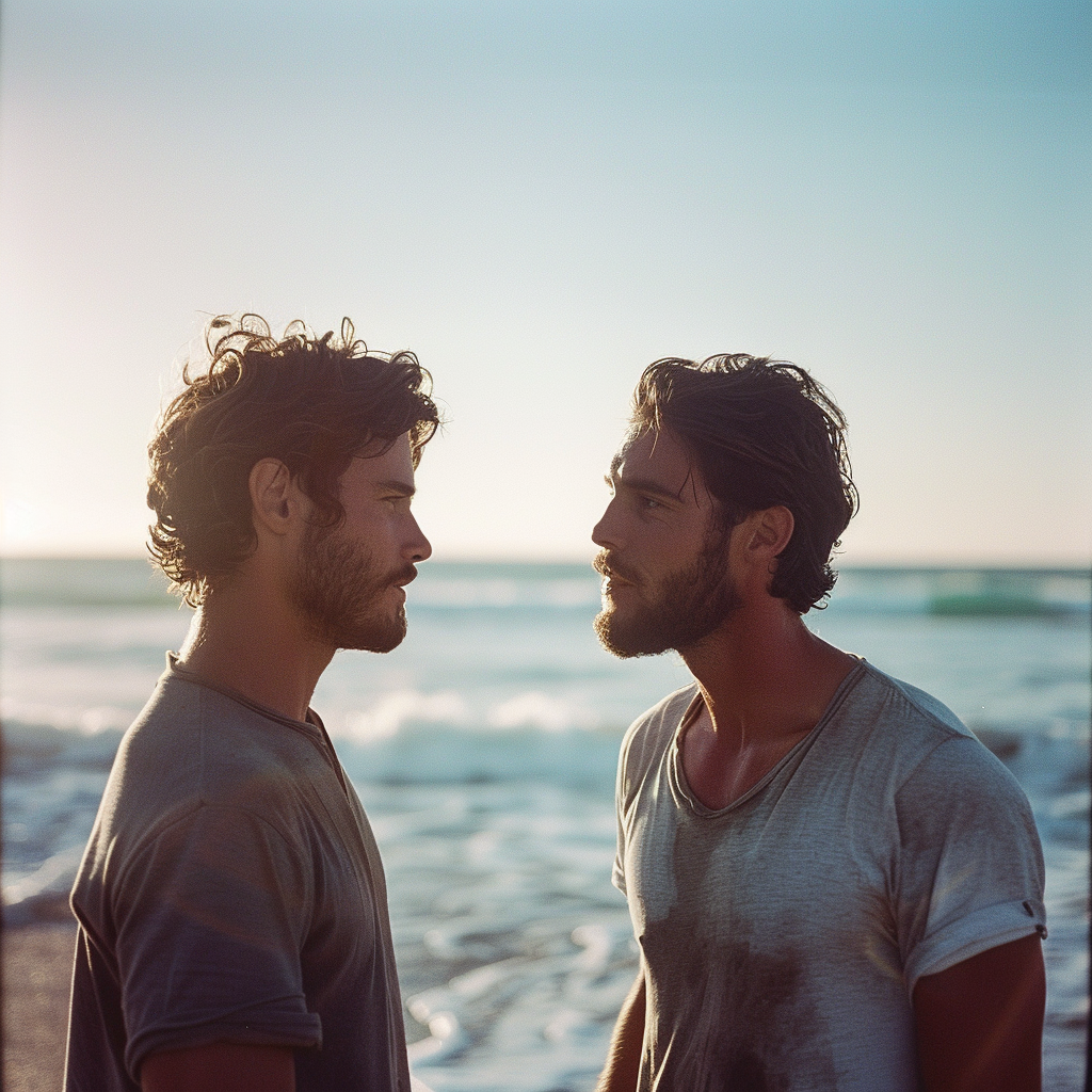 Deux hommes ayant une conversation sérieuse sur une plage | Source : Midjourney