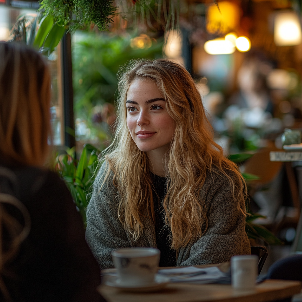 Une femme assise dans un café avec une amie | Source : Midjourney