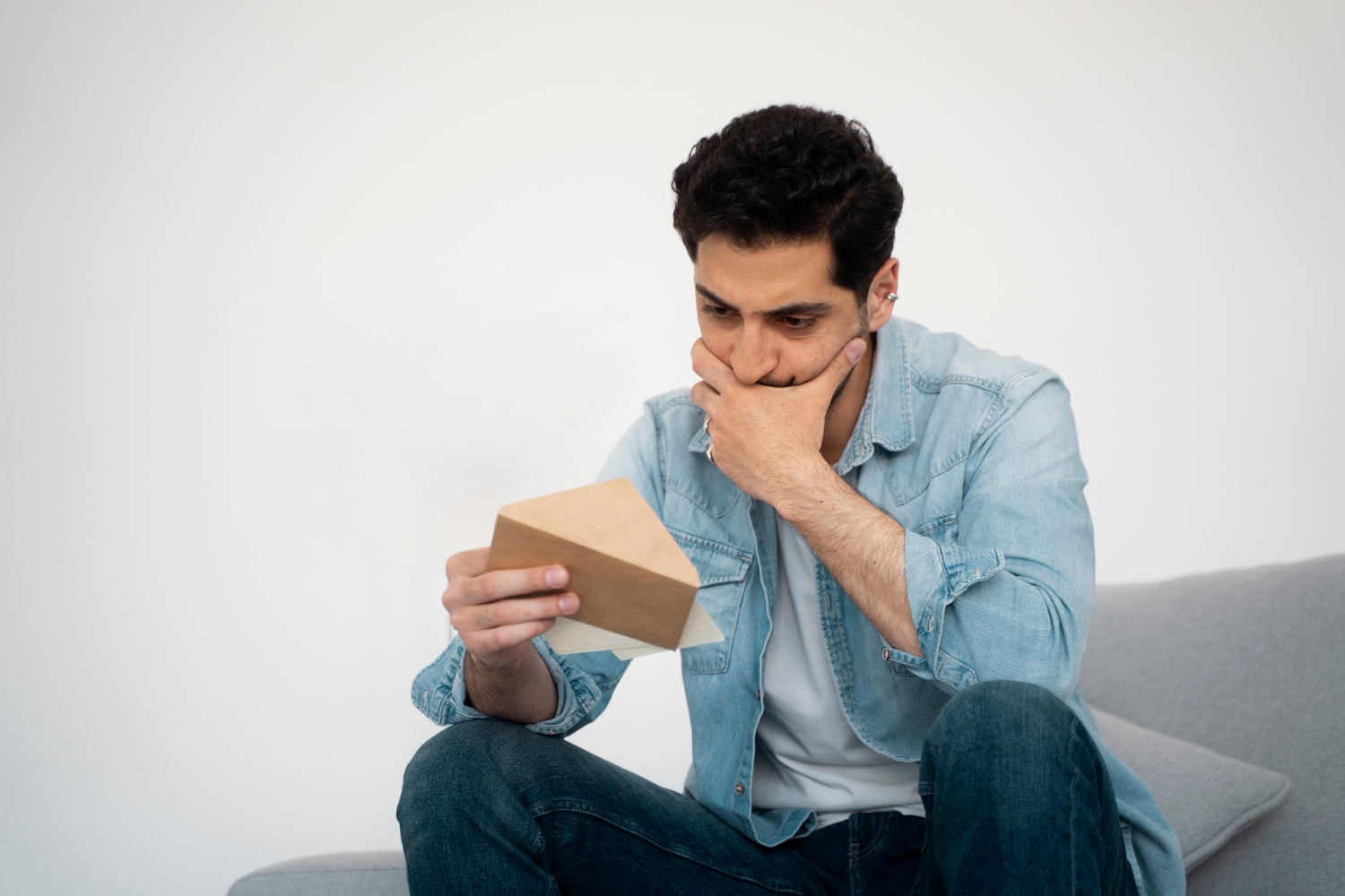 Un homme stressé tenant une enveloppe | Source : Freepik