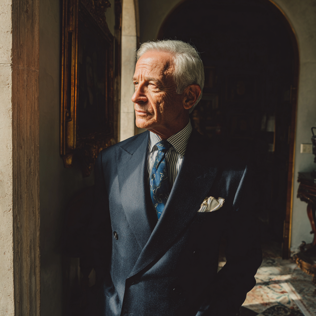 Un vieil homme pensif portant un costume bleu marine | Source : Midjourney