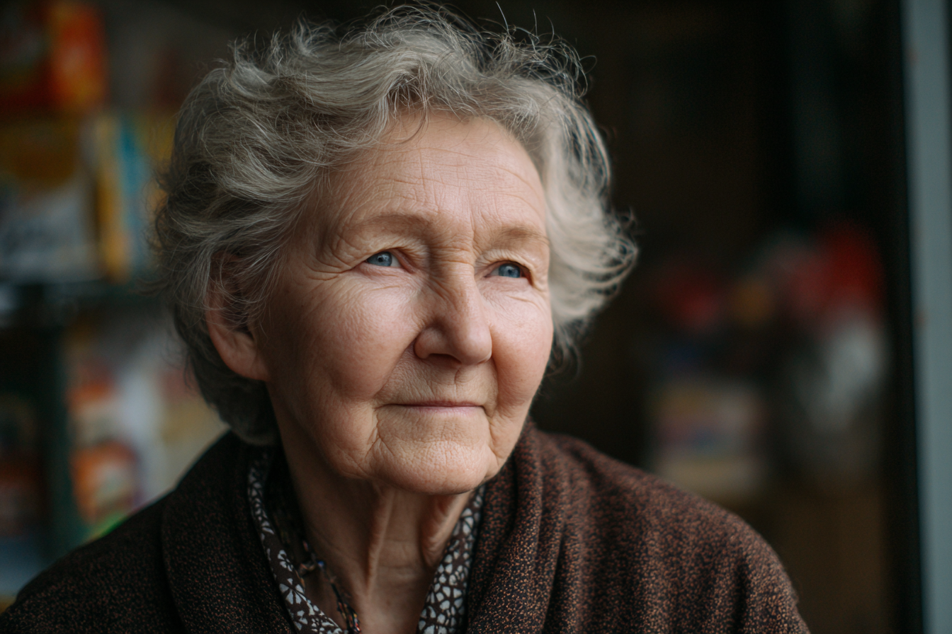 Une femme âgée debout à l'extérieur d'une épicerie | Source : Midjourney