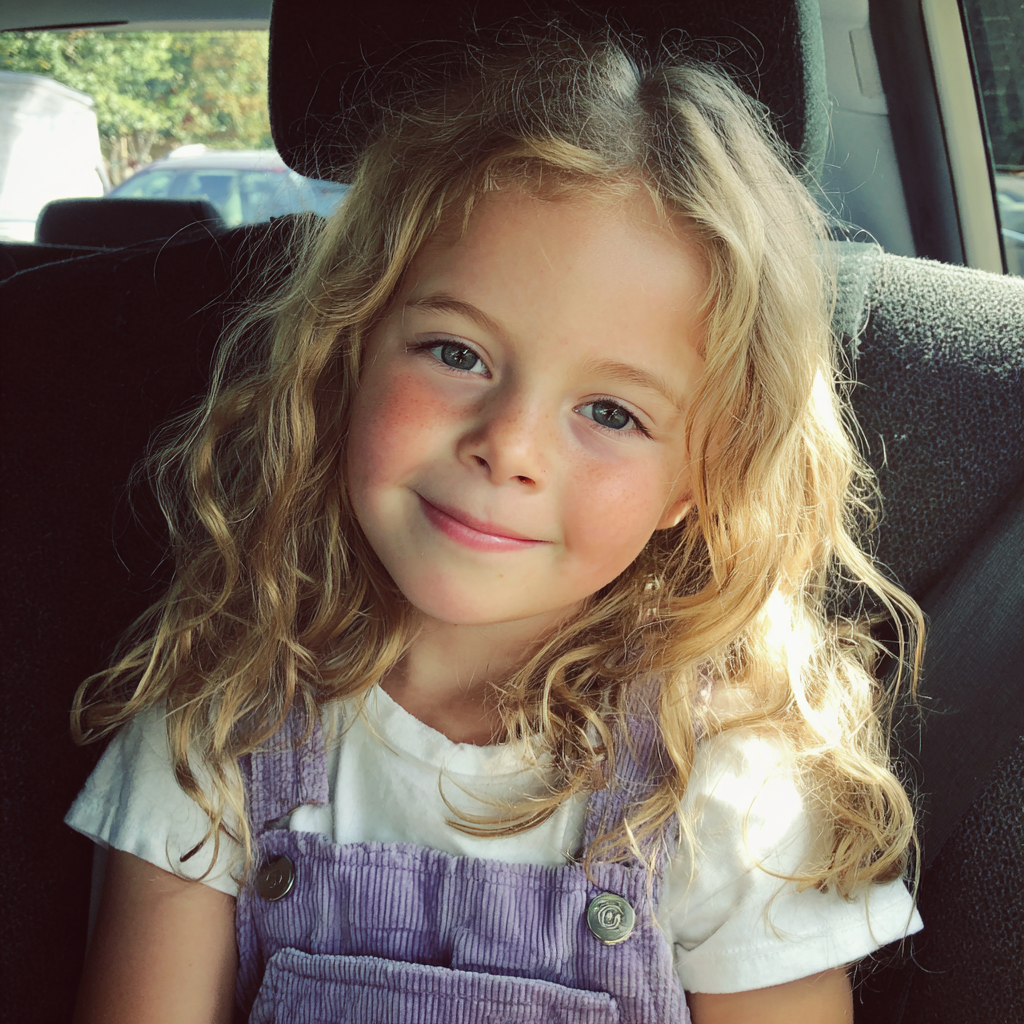 Une petite fille souriante assise dans une voiture | Source : Midjourney