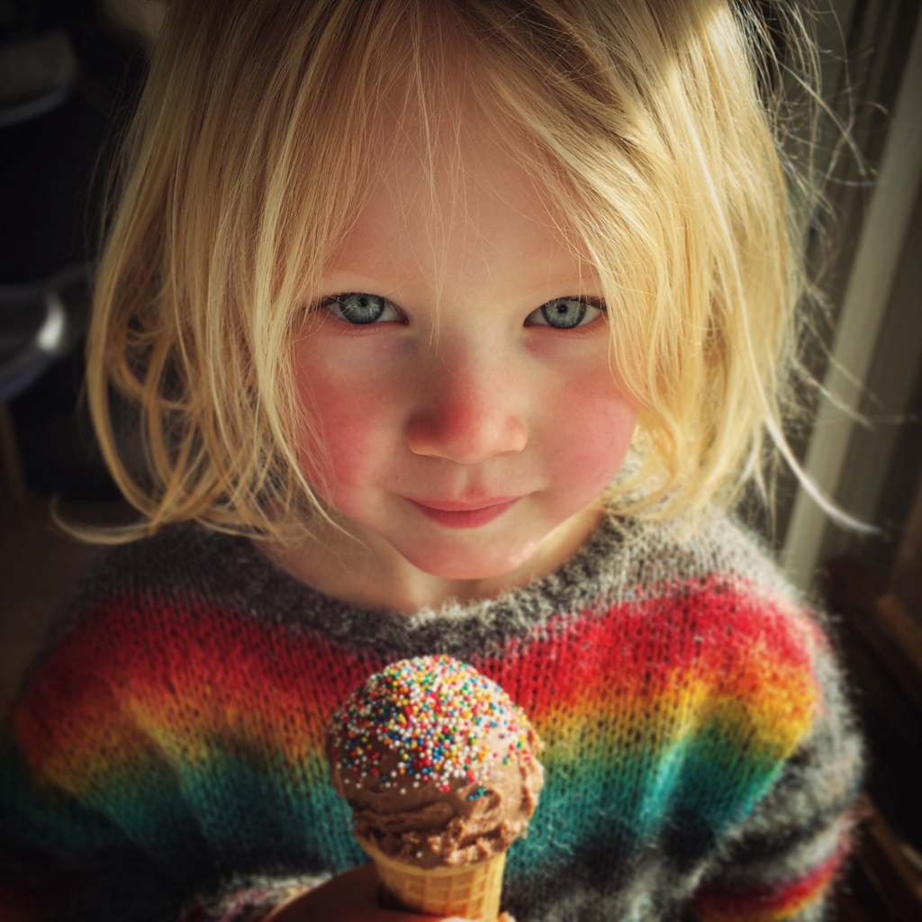 Une petite fille tenant un cornet de glace | Source : Midjourney