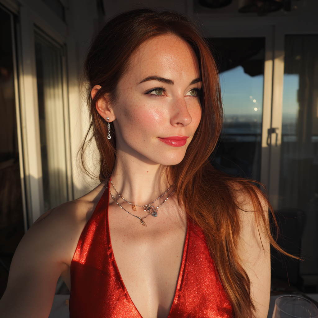 Une femme souriante vêtue d'une robe rouge | Source : Midjourney
