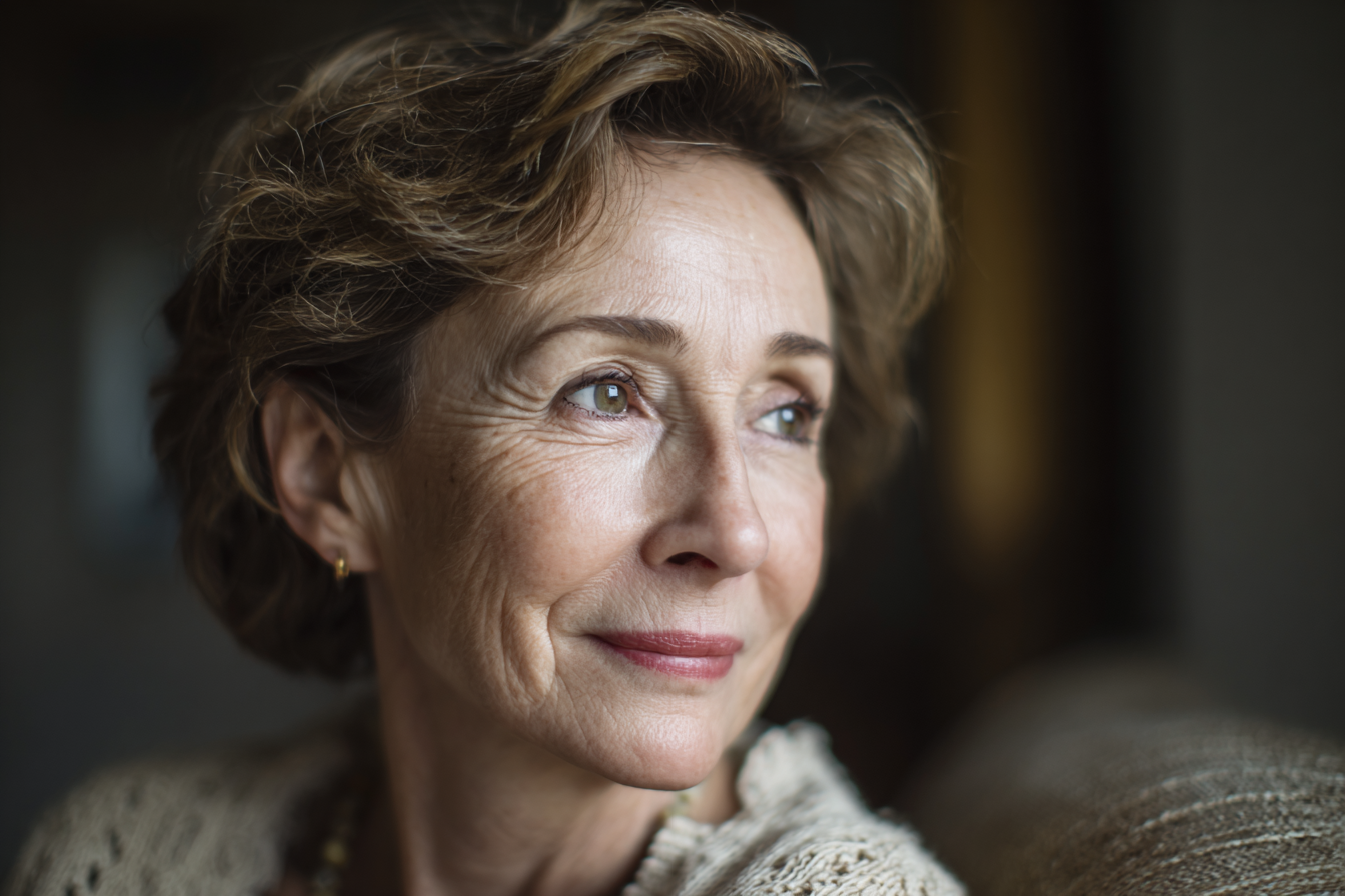 Une femme assise dans son salon | Source : Midjourney