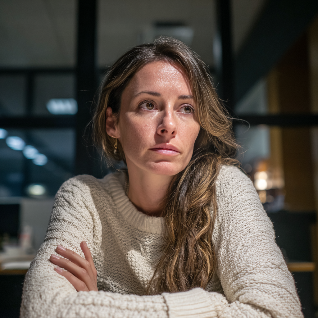 Une femme inquiète assise dans un bureau | Source : Midjourney