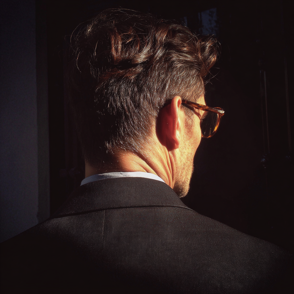 La vue arrière d'un homme portant un costume noir | Source : Midjourney