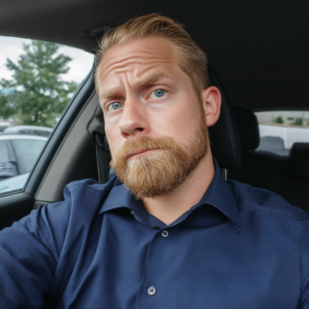 Un homme qui fronce les sourcils, assis dans une voiture | Source : Midjourney