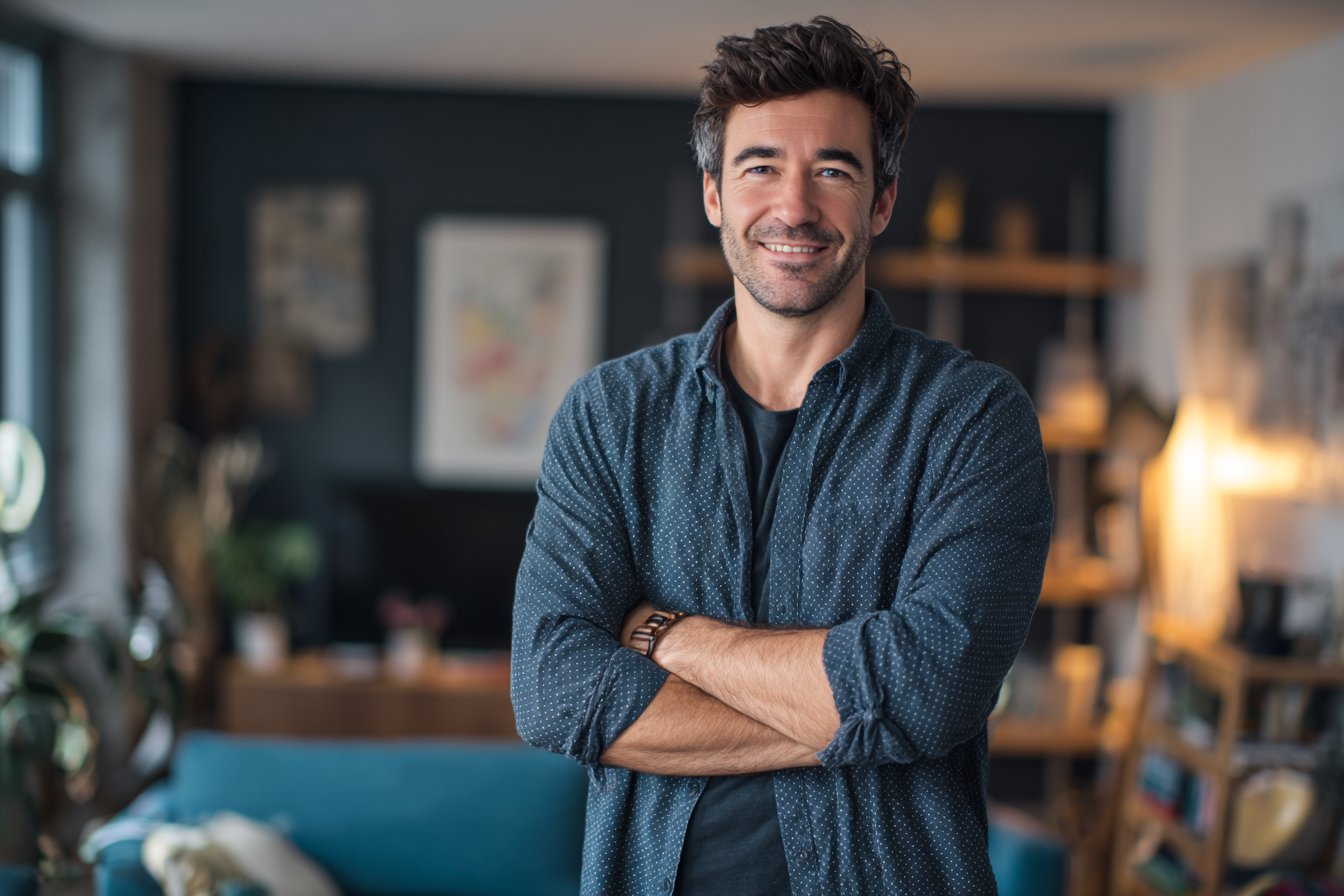 Un homme debout dans son salon | Source : Midjourney