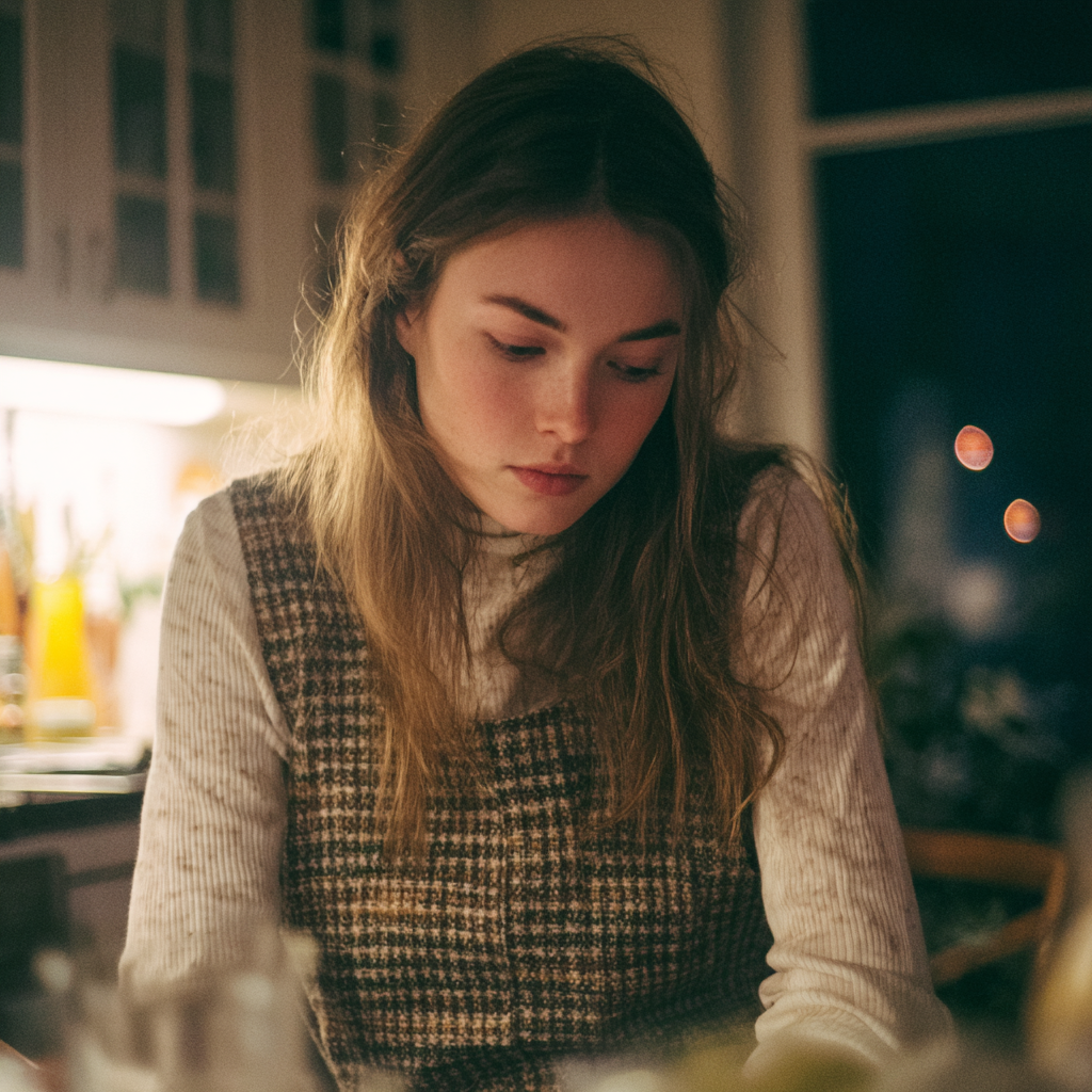 Une femme bouleversée assise à une table à manger | Source : Midjourney