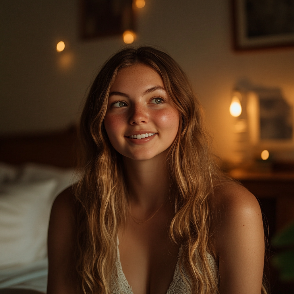 Une femme qui sourit doucement | Source : Midjourney