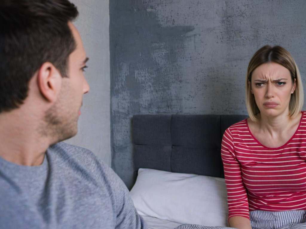 Une femme mécontente discute avec un homme dans une chambre à coucher. | Source : Midjourney